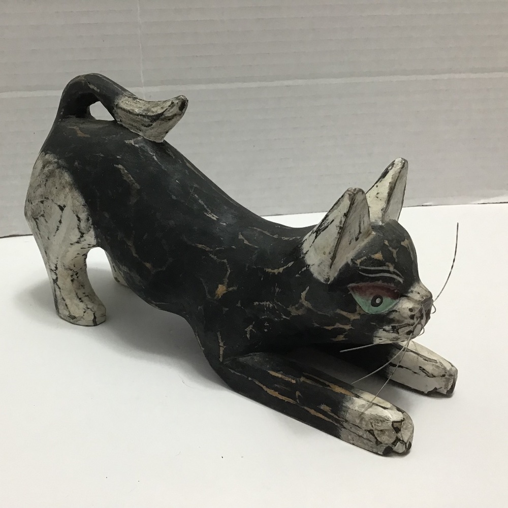 Hand Carved Wooden Black & White Cat, Hand painted by Indonesian artists